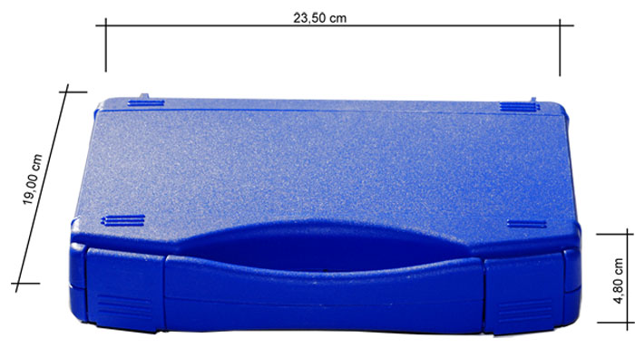 Abbildung: Chakra Stimmgabelkoffer mit Maßangaben / Breite 23,5 cm / Tiefe 19,0cm / Höhe 4,8 cm